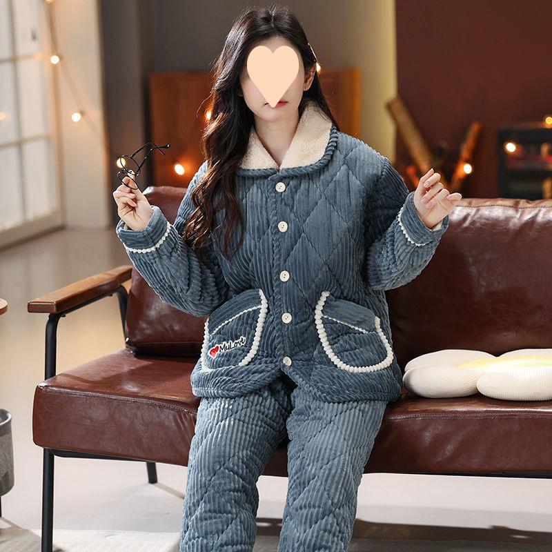 Dámské pyžamo třívrstvé zesílené a roztomilé zimní lze nosit velká velikost teplé polstrované domácí oblečení