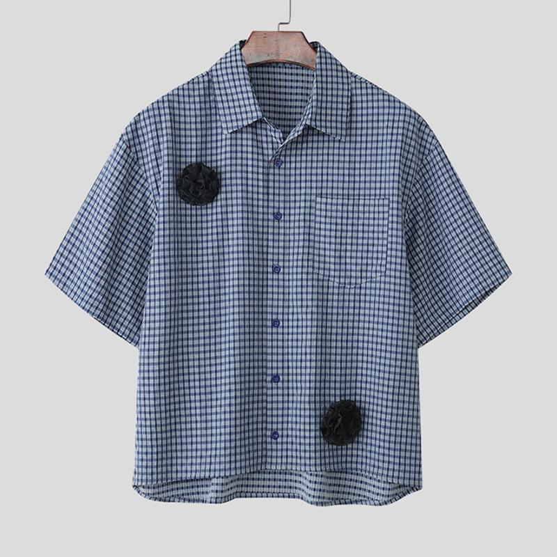 

INCERUN Summer Men Lapel Neck Short Sleeve Plaid Floral Casual Oversized Shirts 5XL синій