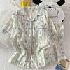 Women's Cartoon Cloud Cotton Pajama Set - Cardigan, Short Sleeve, Shorts, Home Wear