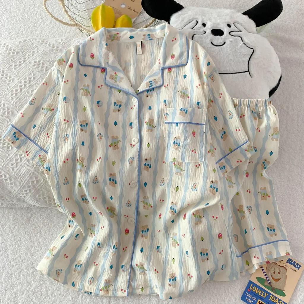 Women's Cartoon Cloud Cotton Pajama Set - Cardigan, Short Sleeve, Shorts, Home Wear