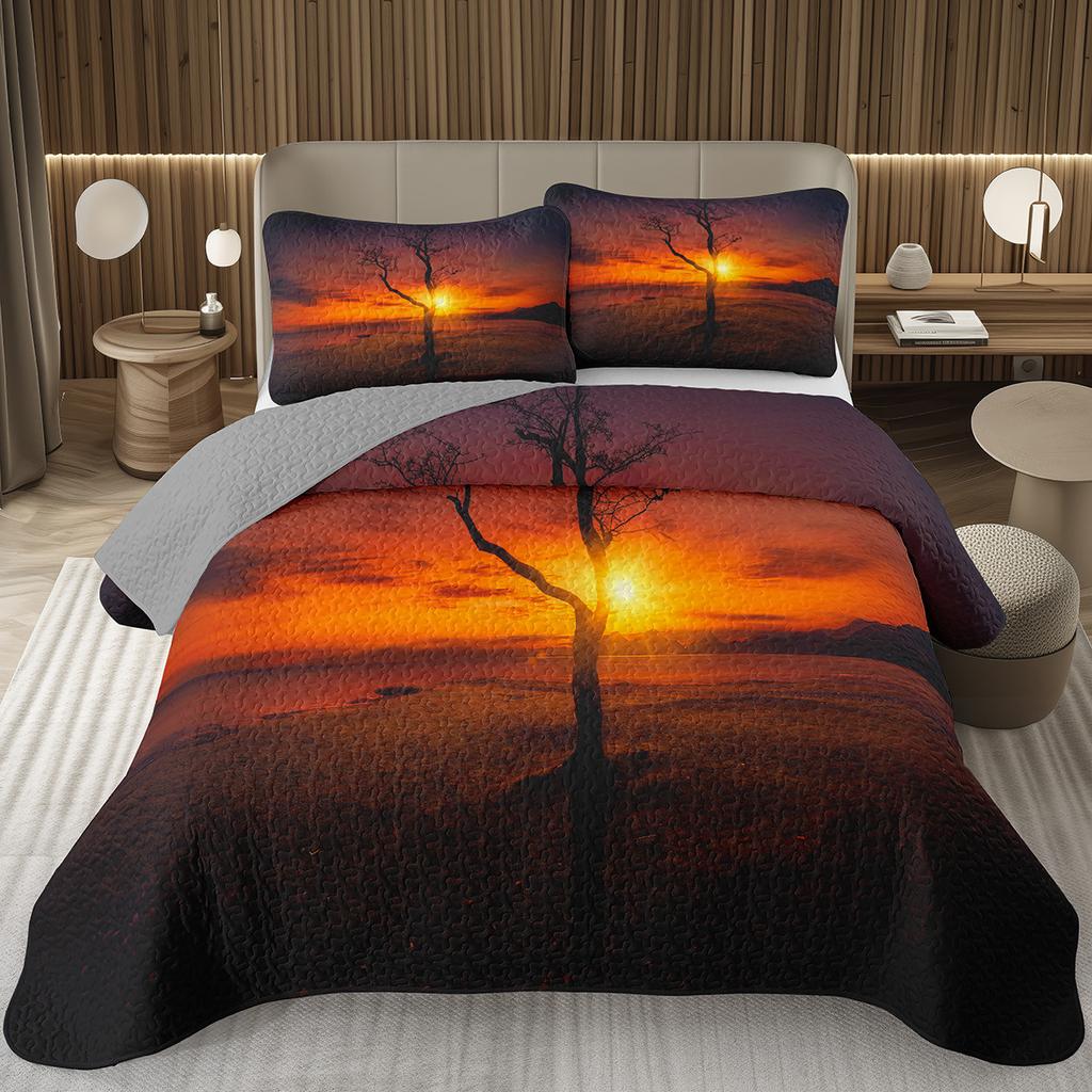 Sunset Scenery Bedspread Queen/Full Natural Landscape Quilted Coverlet 2/3Pcs Reversible Grey Bedding Set for Boy Girl Room Dorm