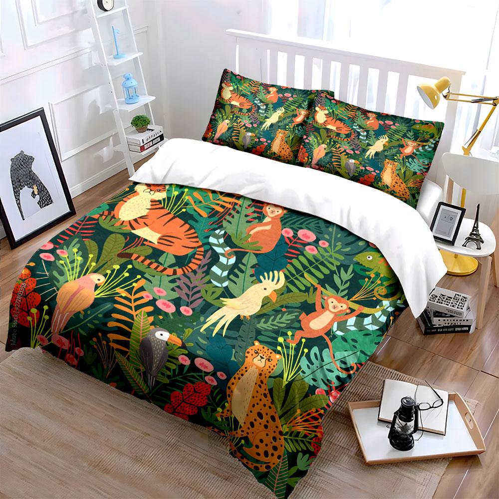 Grosstor Unisex Jungle Animal Pattern Set Artwork Kid's And Adults' Bedroom Decor, Exquisite Three-Piece Bedding Set Gift