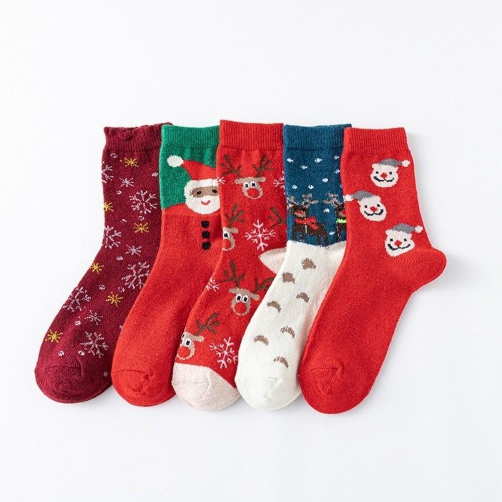 5pairs Thickened Deer Knit Winter Socks Soft Warm Mid-Calf Socks Christmas Reindeer Socks Autumn