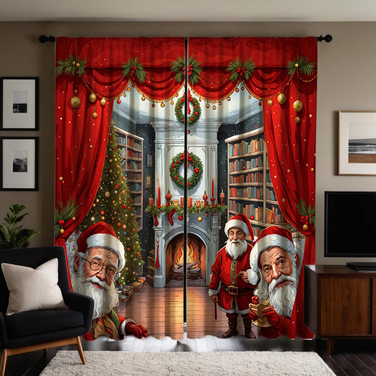 

2 шт. HD цифровые красные шторы для вечеринки в стиле Санта-Клауса на Новый год, украшение дома, украшение гостиной, спальни, стержни W52H63inchW132H160cm