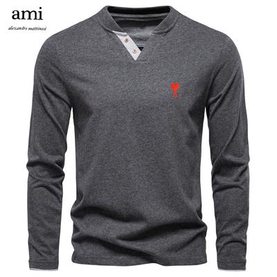 AMI 2025 Toamnă Nouă Broderie Modă Bărbați Culoare Bumbac Culoare Solidă Mânecă Lungă Tricou Decolteu în V Casual Top Bărbați Tricou