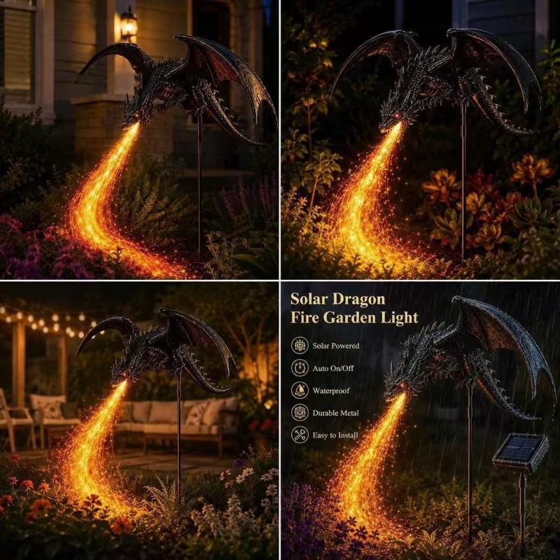 Solar Powered Dragon Flame Garden Decor LED Light Outdoor Patio Tabletop Decoration