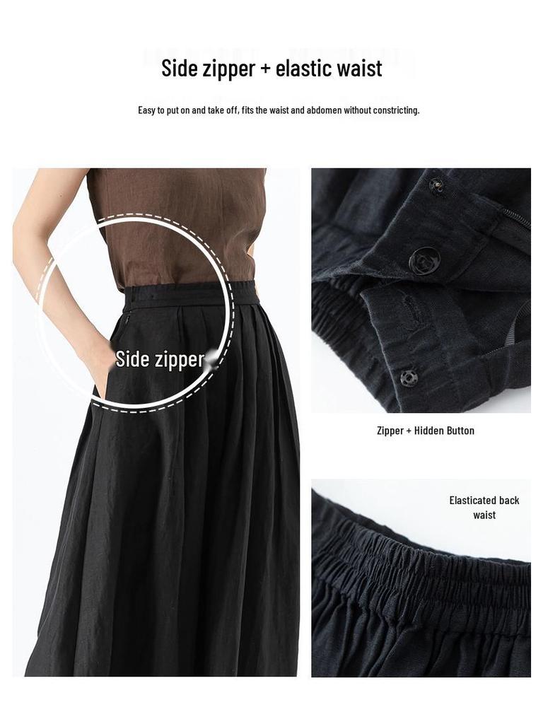 Xin Ge Stylish Black Sleeveless Suit Vest & Pleated Linen Skirt Set