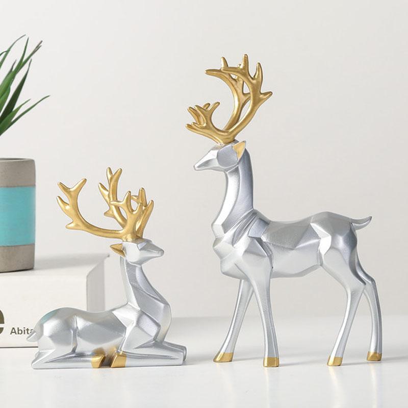 NORTHEUINS Resin Golden Mini Couple Deer Figurine for Interior Geometry Art Model Statue Home Living Room Desktop Entrance Decor