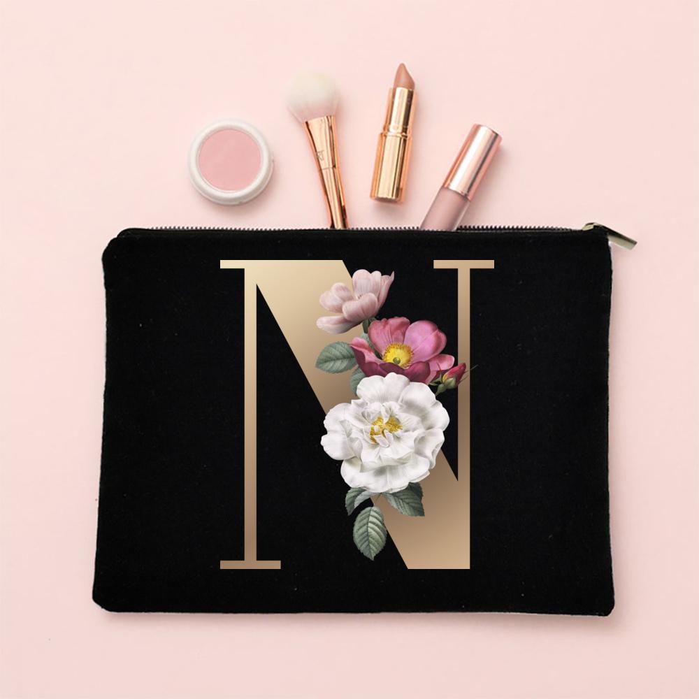 Alphabet Floral Makeup Bag Bridesmaid Maid of Honor Holiday Wedding Bachelorette Party Gift Canvas Cosmetic Zipper Storage Pouch