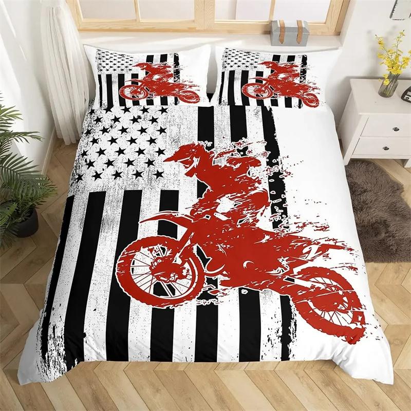 3D Luxus Bettwäscheset Motorrad-Druck Bettbezug-Set mit Kissenbezug Motocross Tagesdecke Jungen Bettset