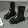 Leather Medium Knight Boots Women's Autumn New Rear Zipper Double Button Boots Black Versatile Leather Boots