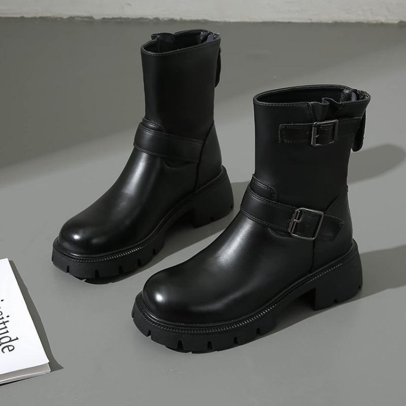 Leather Medium Knight Boots Women's Autumn New Rear Zipper Double Button Boots Black Versatile Leather Boots