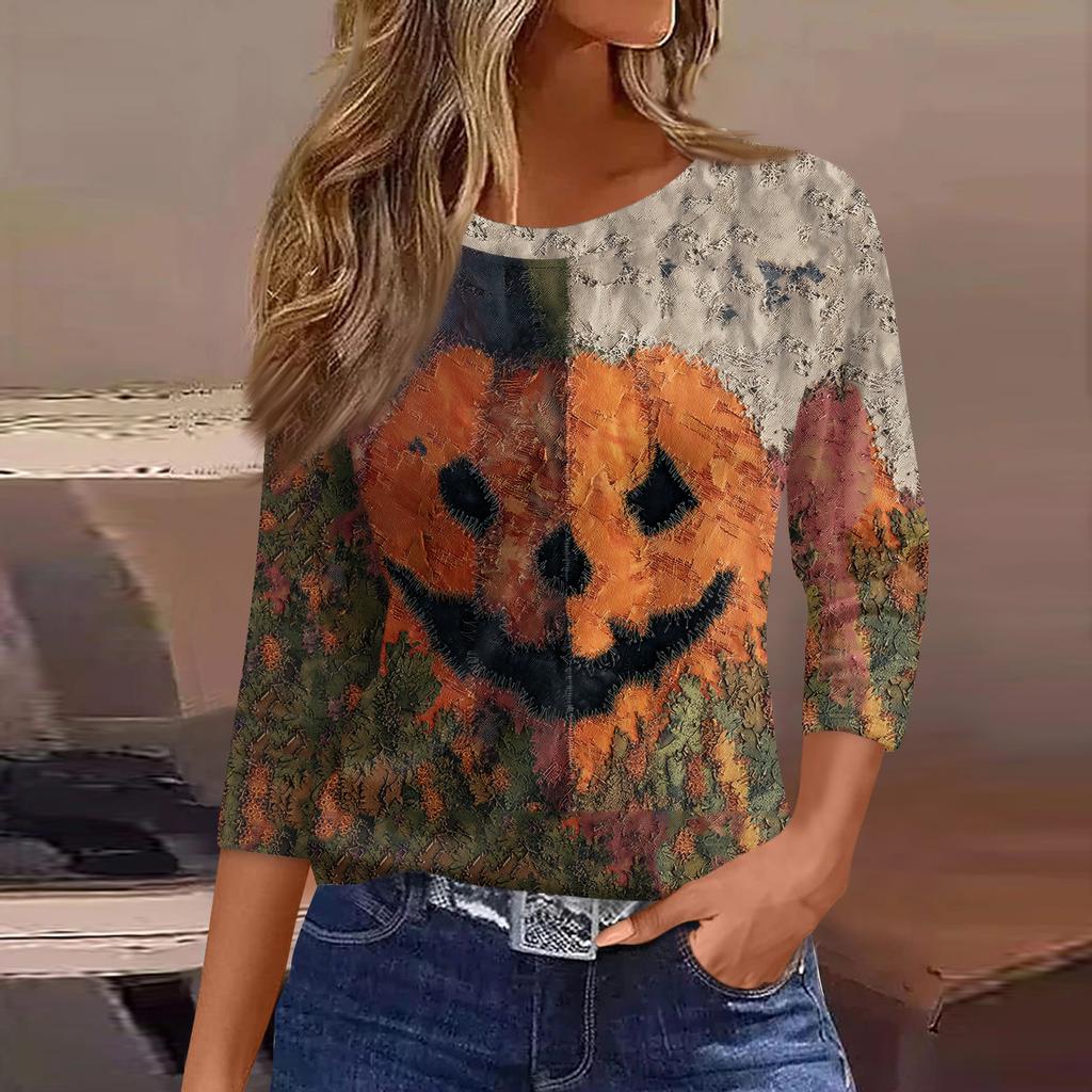 3/4 Length Sleeve Womens Tops Floral Print Vintage Fashion Casual Loose With Round Neck Plus Size Shirts