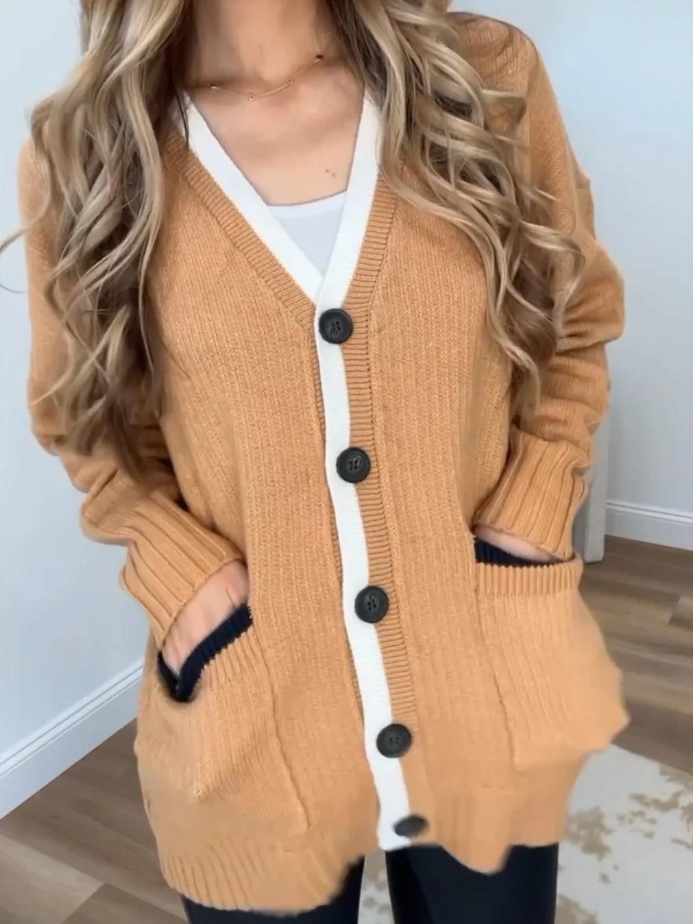 

Женский кардиган из шерсти с V-образным вырезом в европейском и американском стиле 2024 - Вязаный, с длинным рукавом, большого размера, осенний темперамент XXL хаки