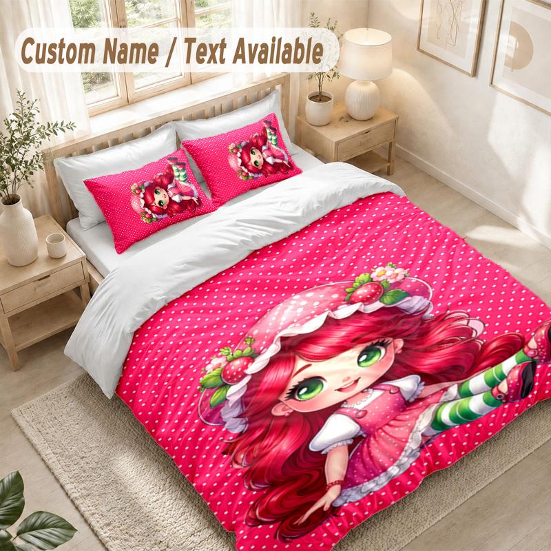Strawberry Princess Bedding Set, 1 Duvet Cover & 2 Pillowcases Soft Comfortable Bedroom Home Textile Decor