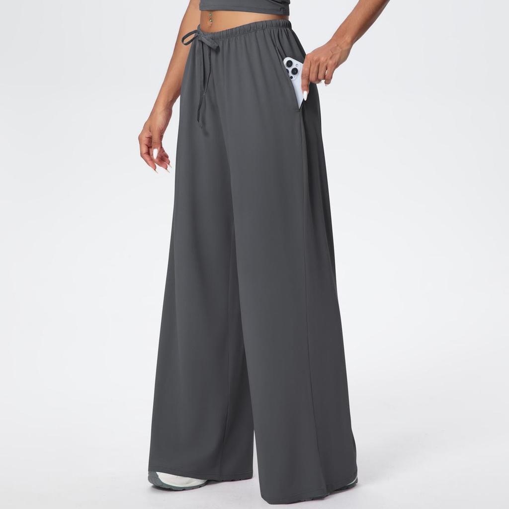 Women's Wide-Leg Brushed Fleece Pants with Drape Pockets and Elastic Drawstring