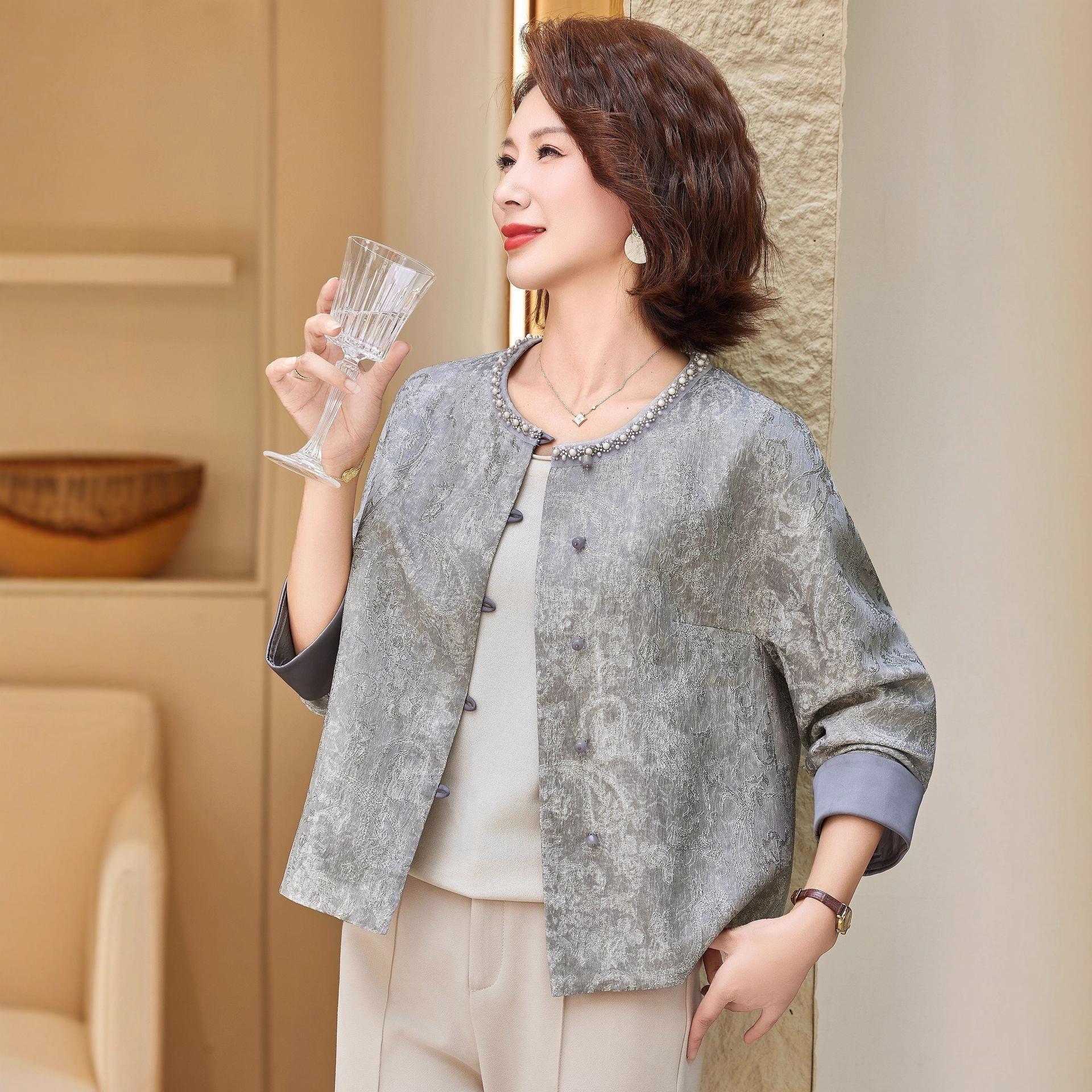 

Элегантный жакет с бисером для зрелых женщин - Легкий кардиган в национальном стиле, Идеально подходит для весны и осени XL (recommended 53-60 kg) серый