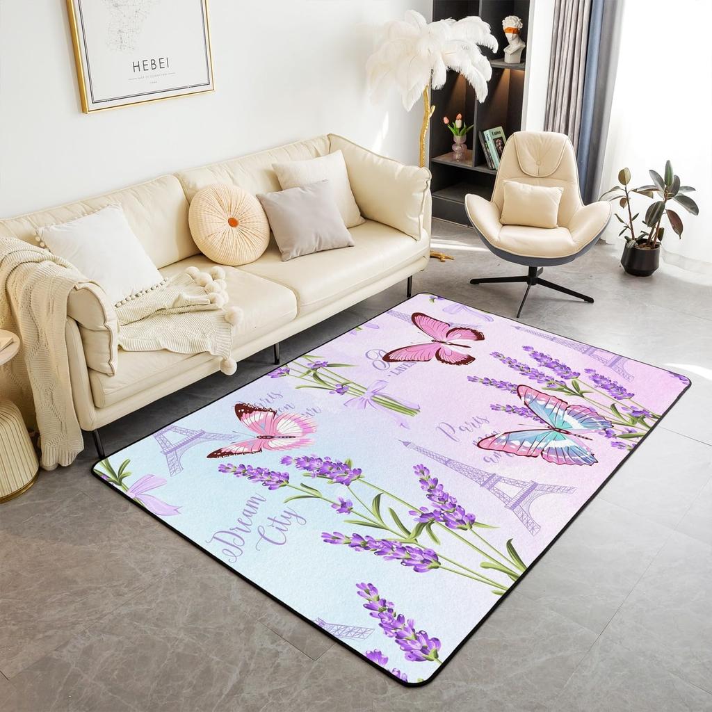 Purple Flowers Rug Watercolor Lavender Carpet Romantic Floral Doormat for Girls Teen,Wild Country Style Garden Flower Floor Mat