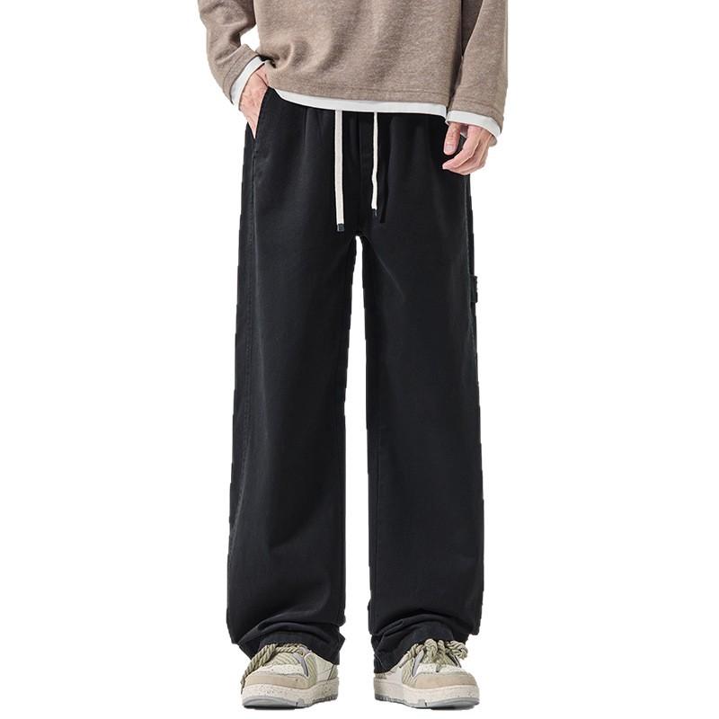 Pure cotton casual pants men's autumn new retro trendy brand loose wide-leg drape straight elastic waist trousers