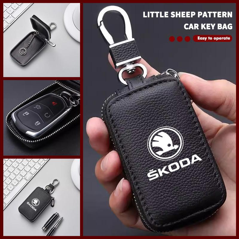 For Skoda Key Case Multifunctional Key Case Leather Keybag Zipper Keychain Wallet Rapid Octavia Derivative Enyaq-iV VisionS Yeti
