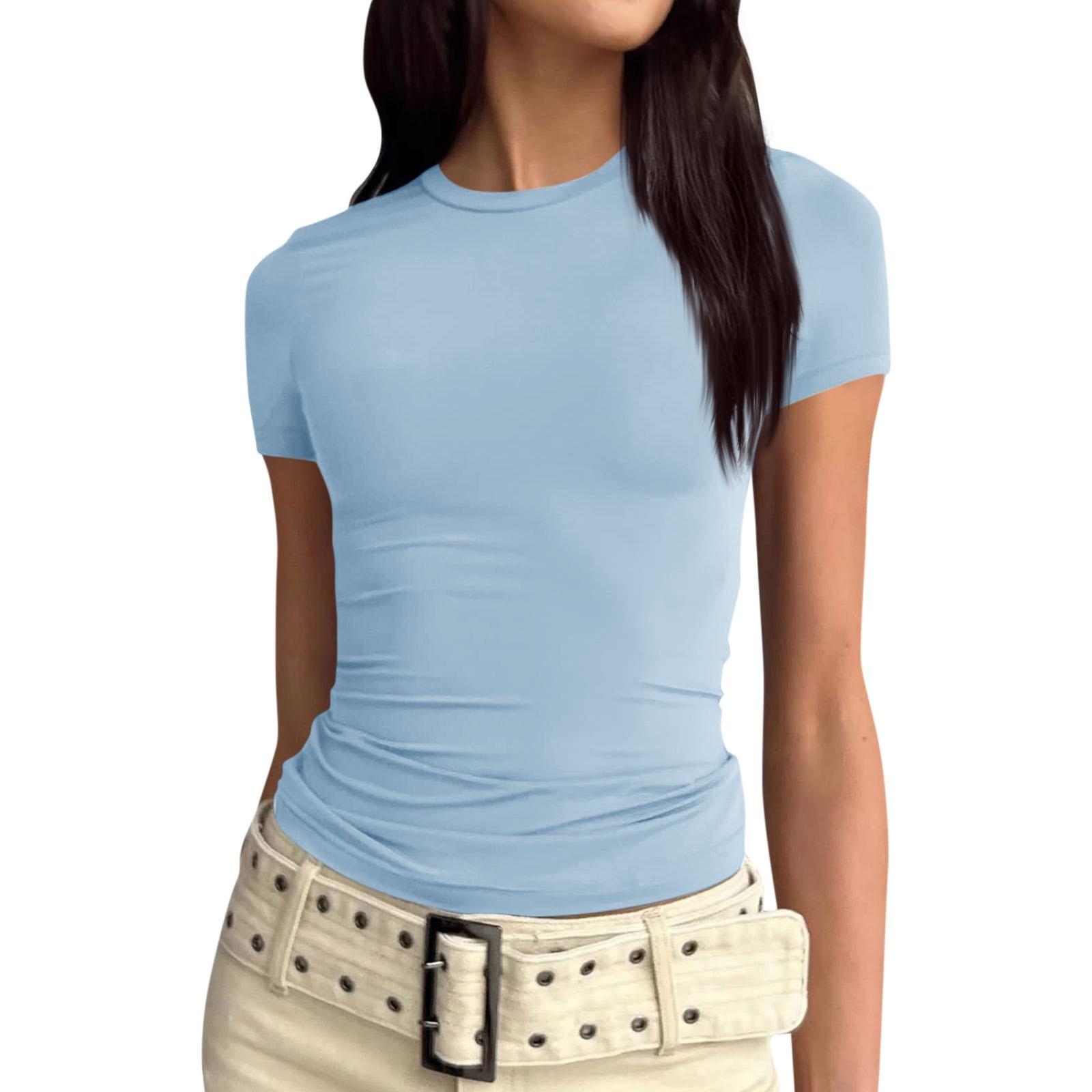 

Женская однотонная сексуальная симпатичная футболка с коротким рукавом, облегающая облегающая футболка с укороченным топом XL