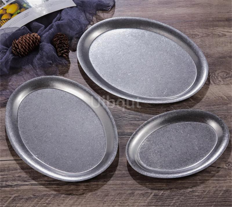 Retro old style classical stainless steel plate tableware snowflake gray style oval fish flat plate barbecue hot pot coffee tray