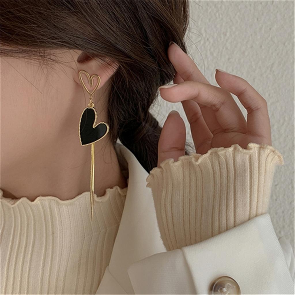 Korean Asymmetric Hollow Black Heart Dangle Earrings For Women Temperament Exaggerated Love Heart Drop Earrings Wedding Jewelry