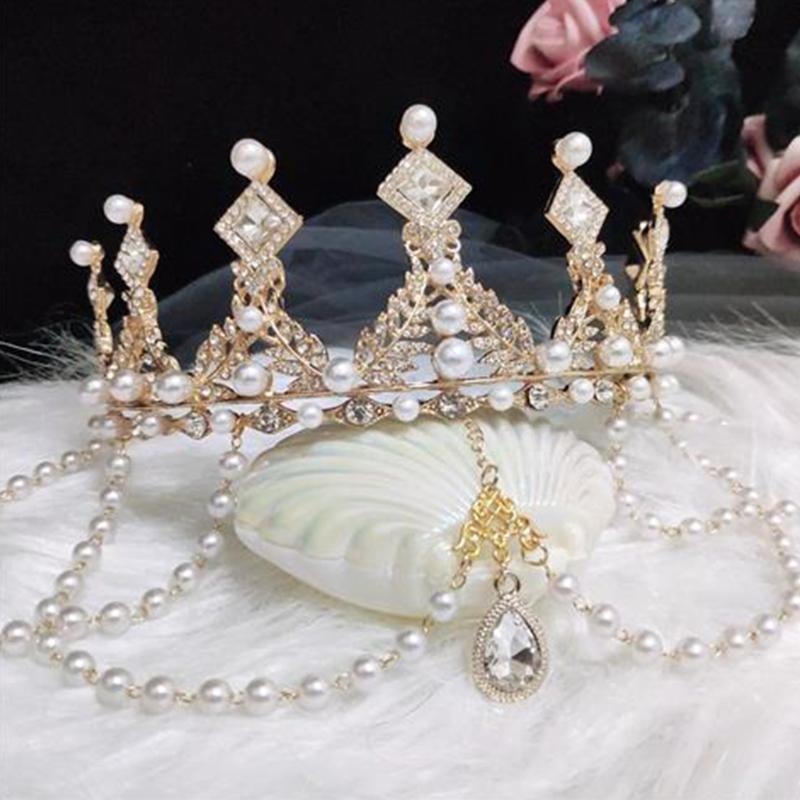 Baroque Gold Wedding Crown Pearl Bride Tiara Leaves Crown and Tiara Crystal Bridal Headpieces for Women and Young Girls