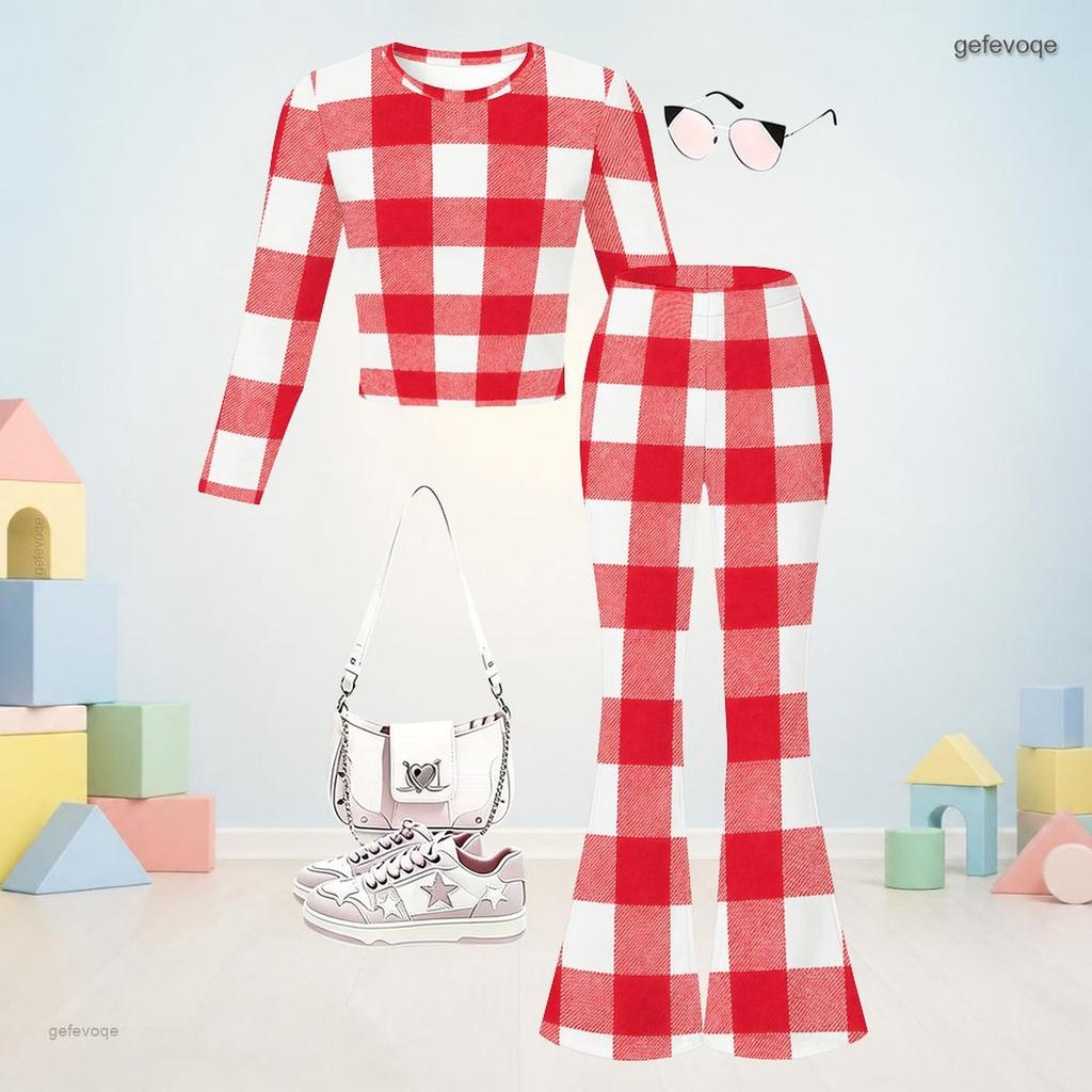 Girls Orange Plaid Printed Round Neck Long Sleeve Top And Flared Pants Two Piece Set