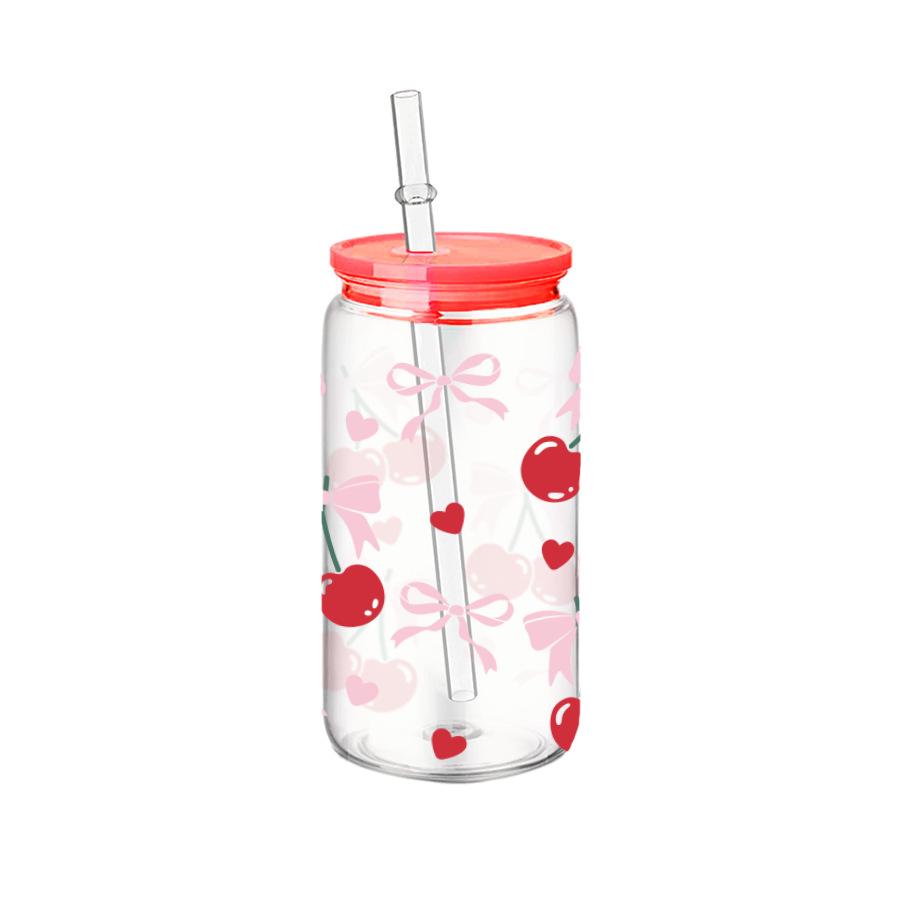 16oz Reusable Plastic Cup with Straw Lid Cute Bow Cherry Water Bottle Iced Coffee Juice Milk Mason Cups Drinkware Holiday Gifts