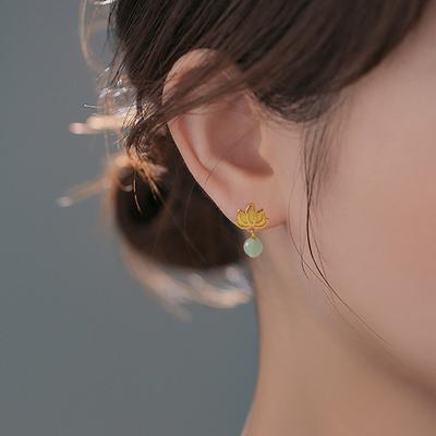 Lotus Hetian Jade Earrings, Guochao Design Sense, Retro Fashion Temperament, Ancient Hanfu Jewelry, Water Lily Lotus Earrings