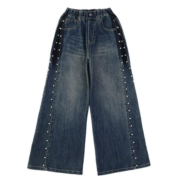 Fashion Teenager Girls Denim Wide Leg Pants Child Trousers Spring Autumn Girl Side Pearl Design Jeans 5-14 Yrs Kids Clothes