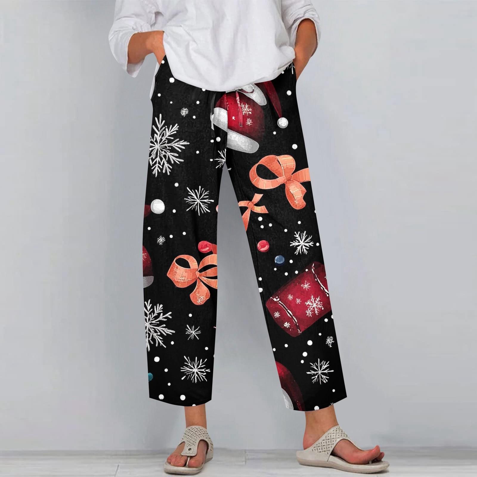 

Женские модные повседневные брюки с принтом рождественских снежинок, карманами на шнурке и эластичной талией XXL чёрный