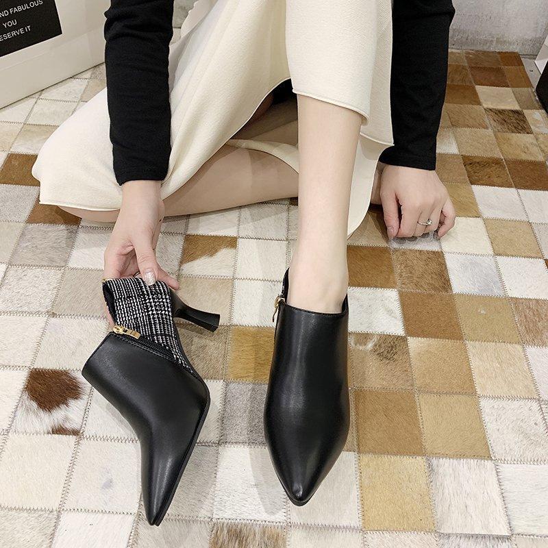Small Size 2025 New Pointed Thin High Heel Deep Mouth Side Zipper Tide with Heightened Temperament British Style Women's Single Shoes