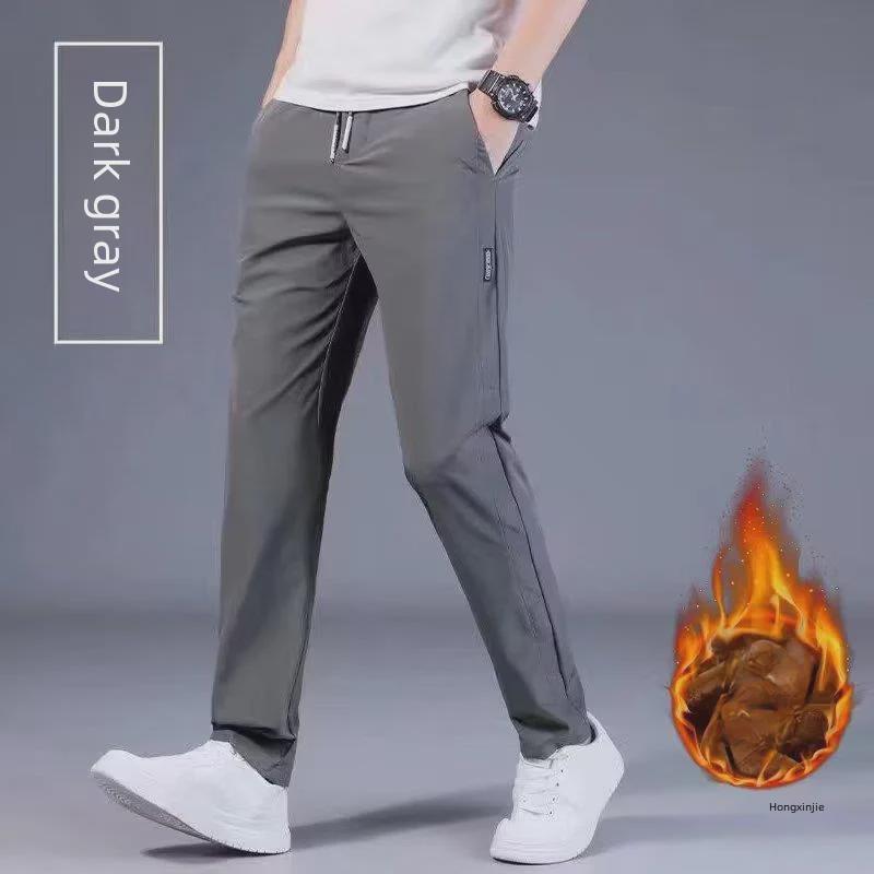 Men's Autumn & Winter Casual Korean-Style Straight Pants with Plus Velvet and Elastic Waist.