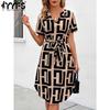Women's Fashion Summer Spring Colour Block Print  Short Sleeve V-Neck High Waist Casual Dresses