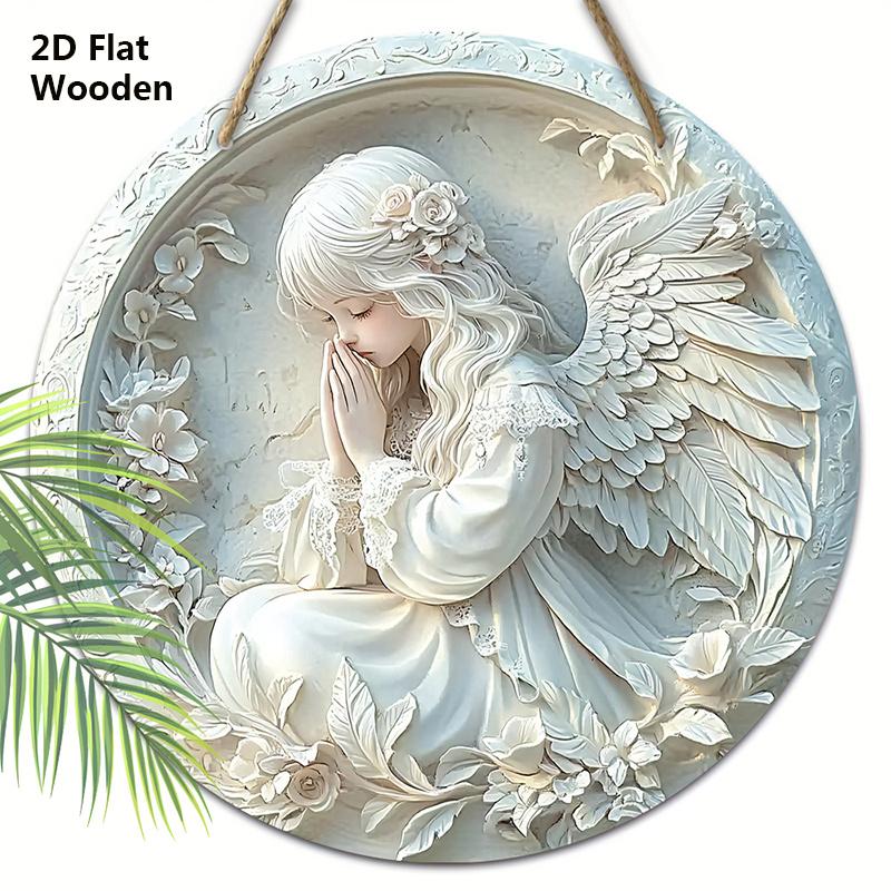 Pretty Angel Wooden Sign - Beautiful Angel Round Sign for Front Door Wall Hanging Decor Ideal Home Hanging Ornament
