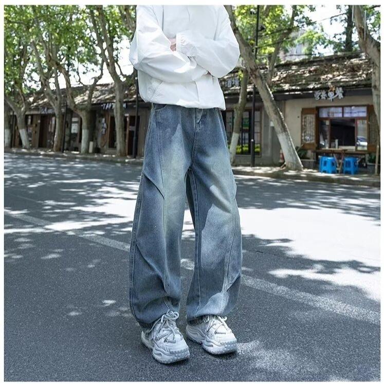 New retro washed old scimitar jeans men's loose straight casual wide-leg floor-mopping pants tide