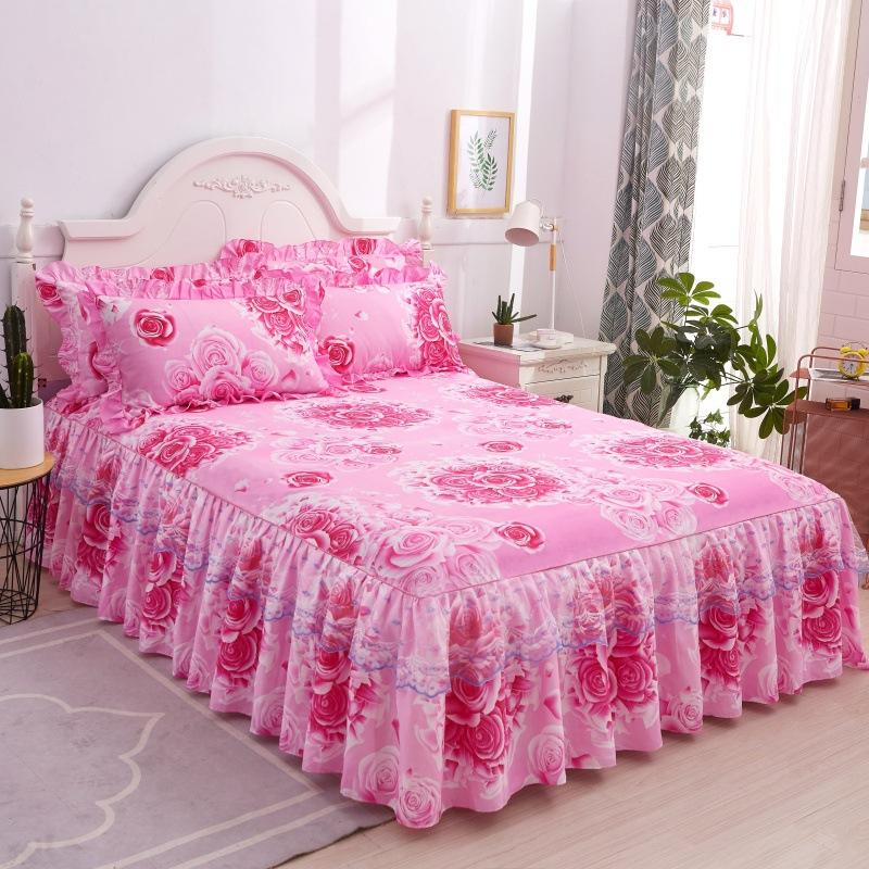 3PCS Printed Ruffled Soft, Comfortable and Breathable Bed Skirt (One Bed Skirt and Two Pillowcases, Excluding Pillow Core) Bed Skirt, Bedspread