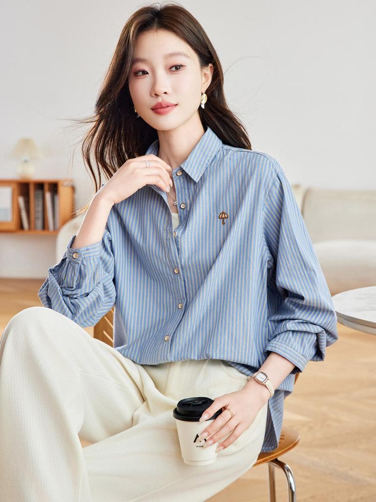 Women's Blue Striped French Vintage Loose Cotton Shirt, Versatile Long Sleeve for Spring & Autumn