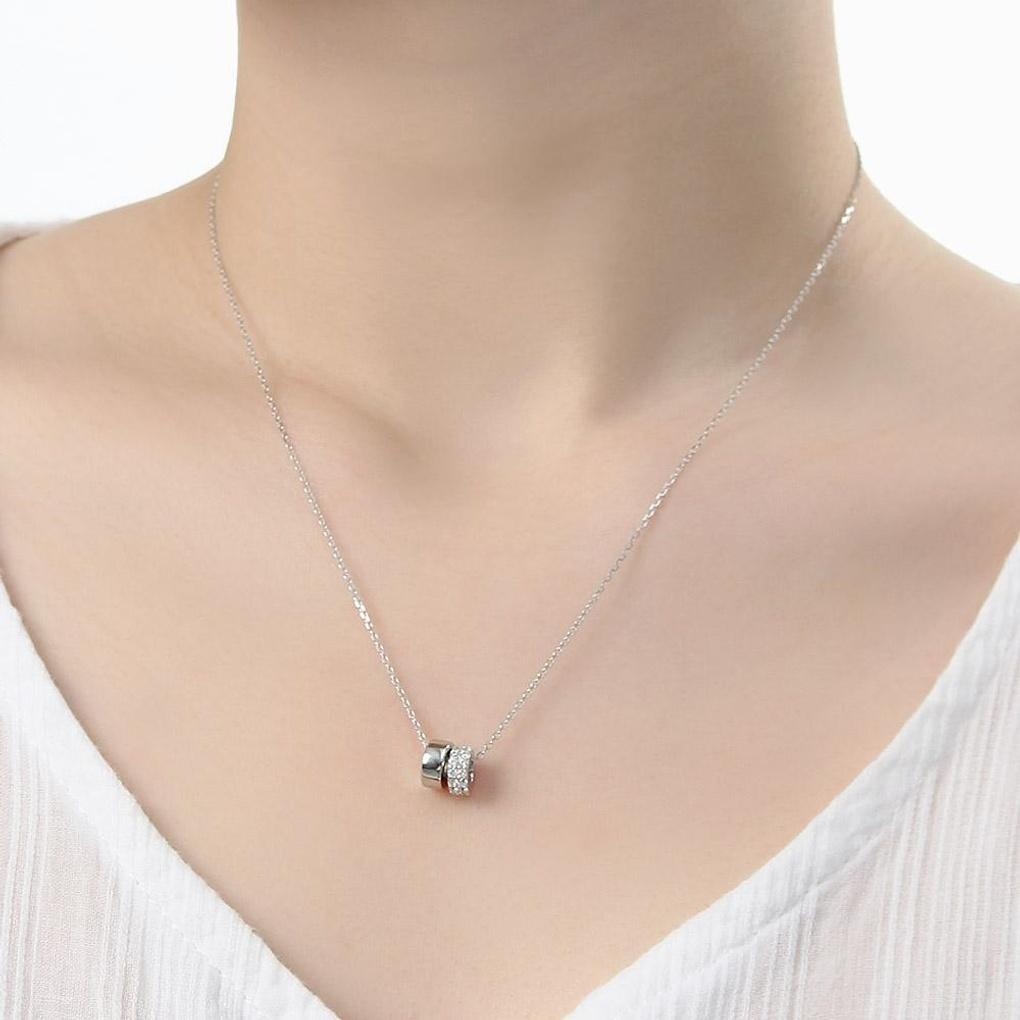 925 Silver Platinum Plated Bold Double Ring Women's Necklace