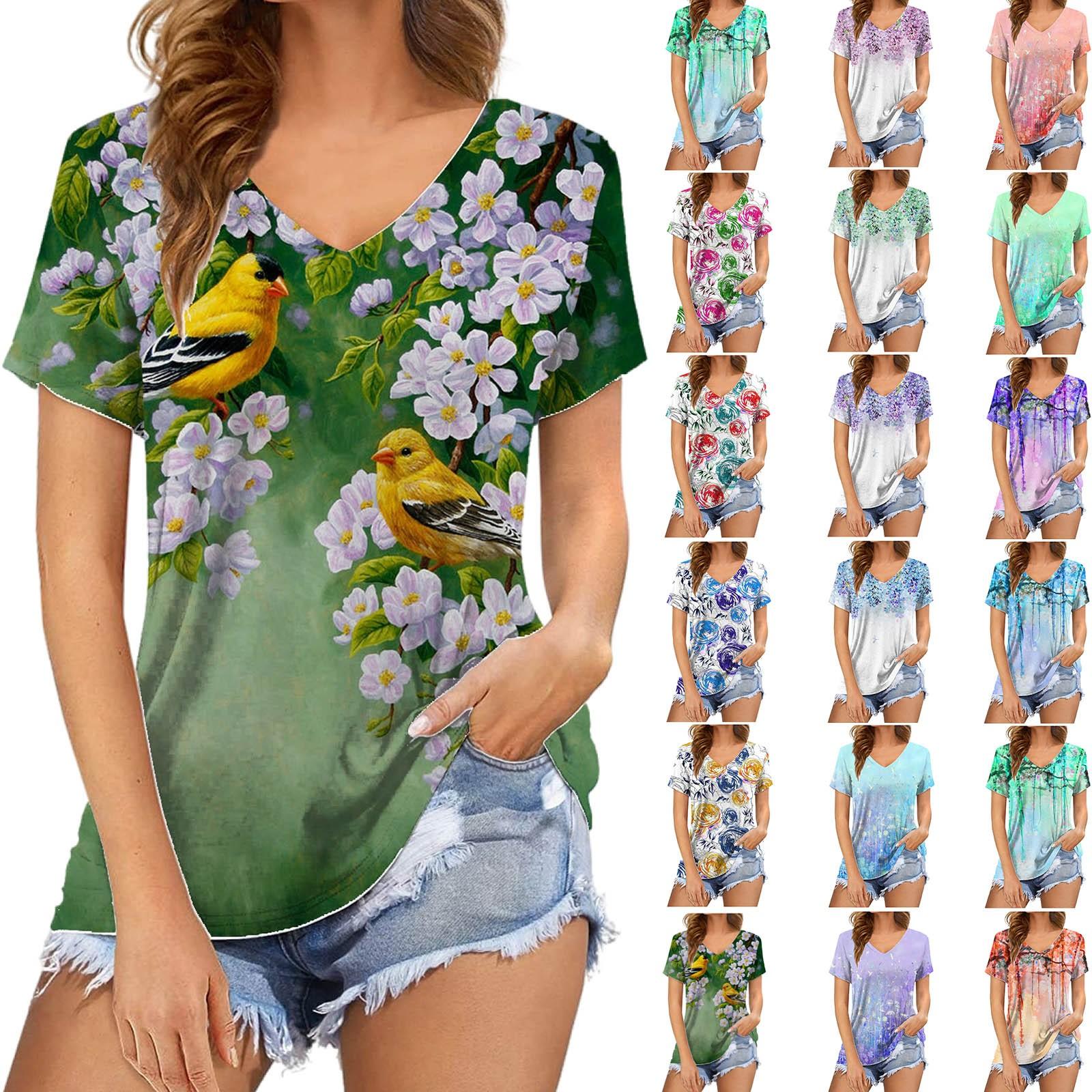 

Женские летние модные повседневные топы с коротким рукавом и V-образным вырезом с цветным контрастным принтом