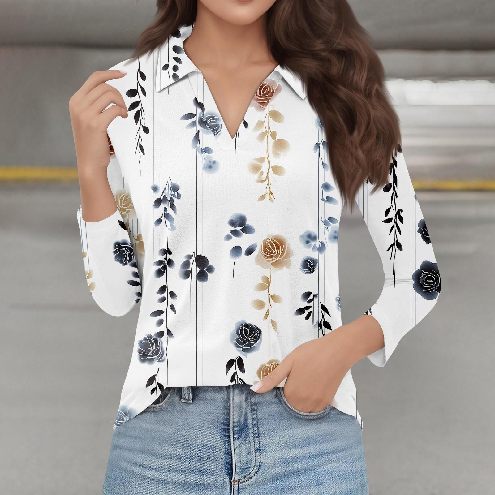 

Женская мода повседневная весенняя футболка с V-образным вырезом и лацканами, длинный рукав XL белый