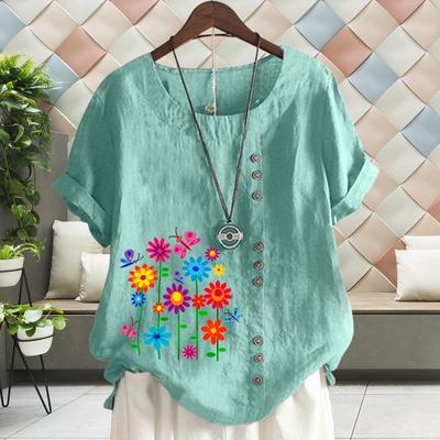 Cămașă ocazională de in, de vară, pentru femei, tricou cu imprimeu floral, cu mânecă scurtă, bluză largi S-5XL