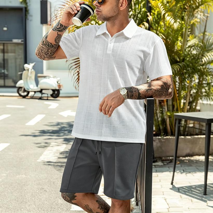 Summer Men Matching Outfit Sets Grid Texture Short Sleeve Polo Shirts Elastic Drawstring Casual Shorts Daily Beach Vacation Two Piece Tracksuit