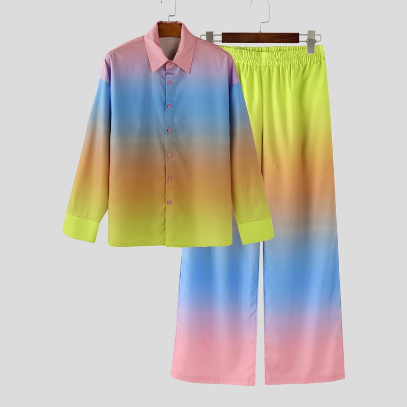 

INCERUN Комплекты из двух предметов Мужские Градиентный отложной воротник Рубашка с длинным рукавом и брюки 5XL зелёный