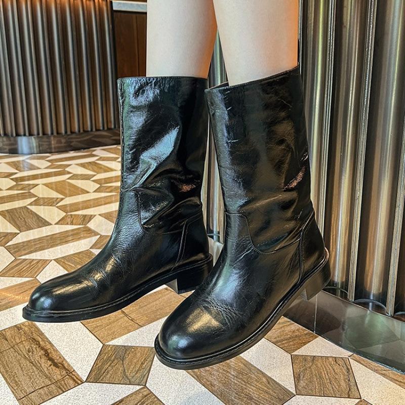 

Версия из коровьей кожи~ ретро кожаные ботинки Мартин для женщин, осенне-зимние высококачественные с широким голенищем, на толстом каблуке, средней высоты, в стиле вестерн, рыцарские короткие ботинки 40