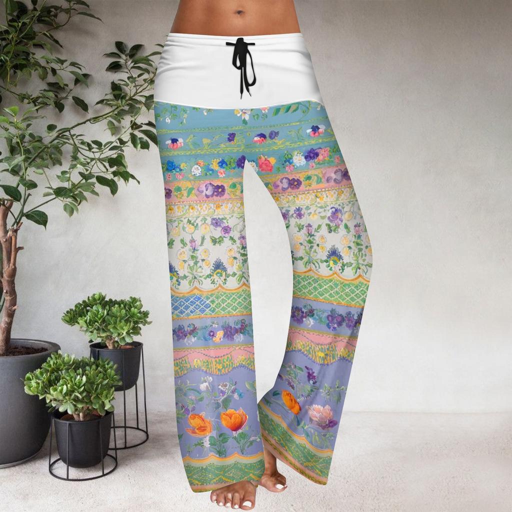 Women's Drawstring Elastic Waistband Wide Leg Color Matching Floral Printed Casual Pants