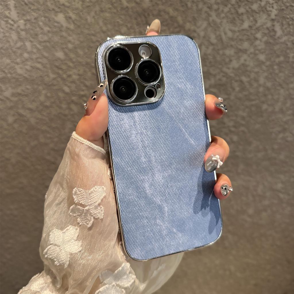Silver Edge Denim Cloth Pattern Mobile Phone Case Is Suitable for Apple 16PROMAX Trend 16 Hard Case 15 Fine Hole 11 Protective Case