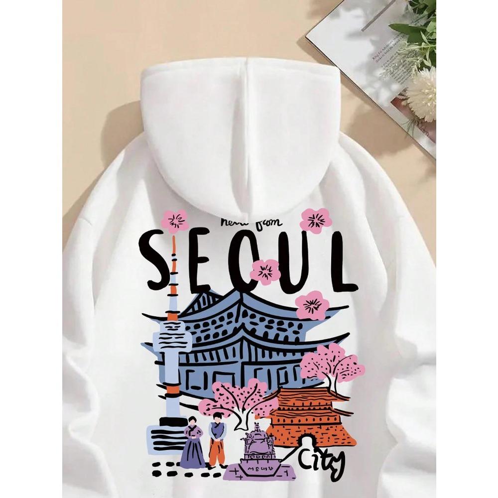 Seoul Beautiful Scenery Printing Womens Hooded Warm Fleece Comfortable Hoodies Simple Soft Hoodie Street Casual Loose